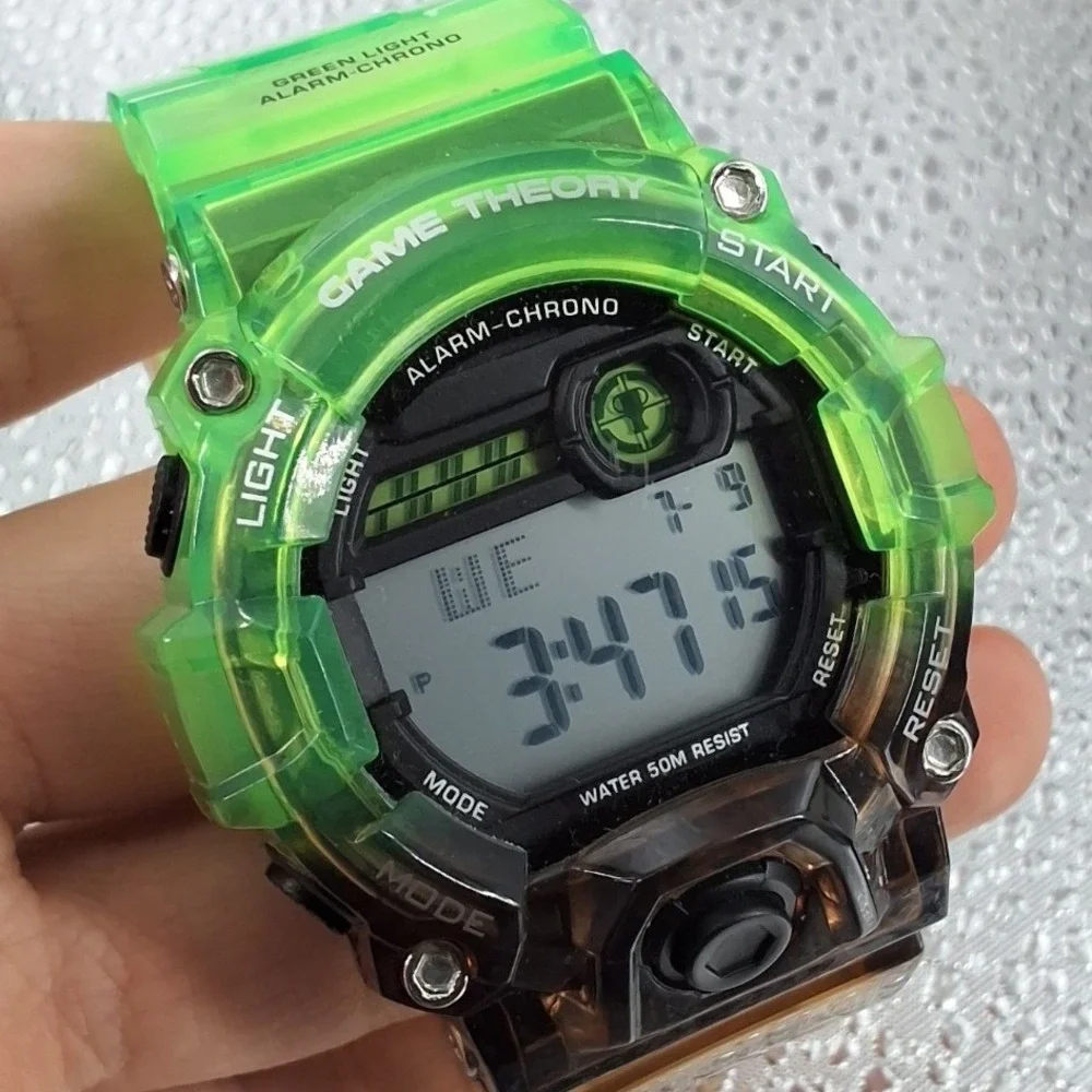 Game Theory Radioactive Digital Watch Neon Green Translucent Chronograph Box Tin